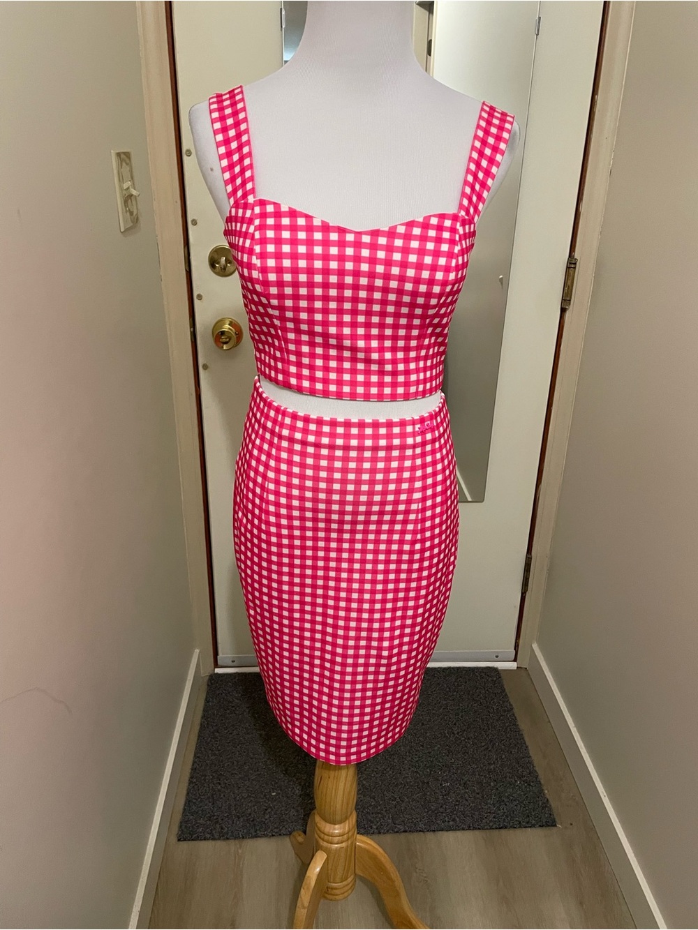 Miss Sixty Pink and White Gingham cropped tank top and Pencil Skirt